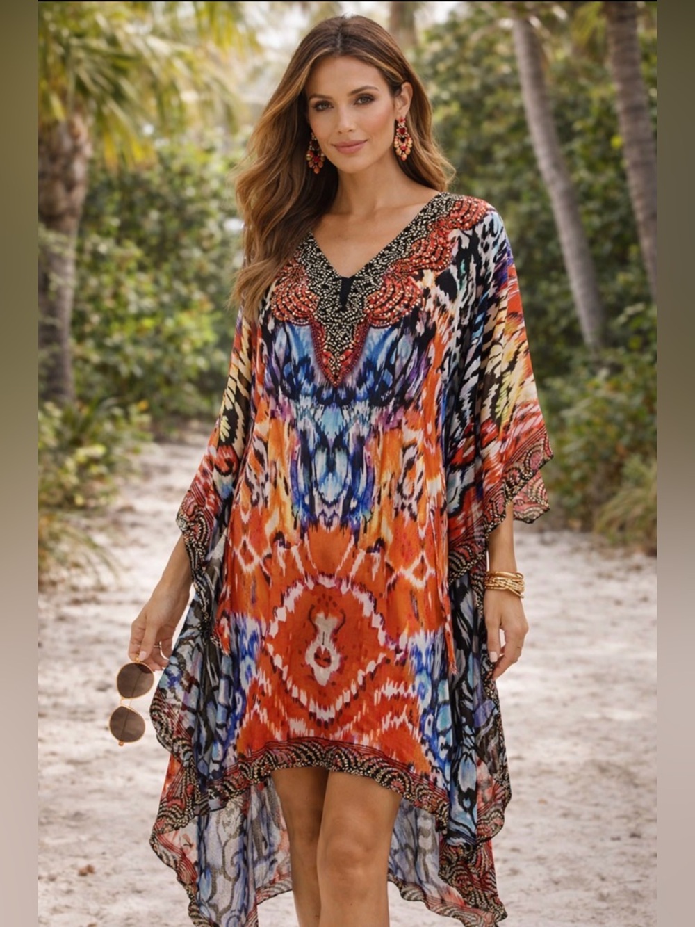 NEW Sakkas Women's HI LOW V Neck Beach Dress Top Caftan Cover up Rhinestones OS